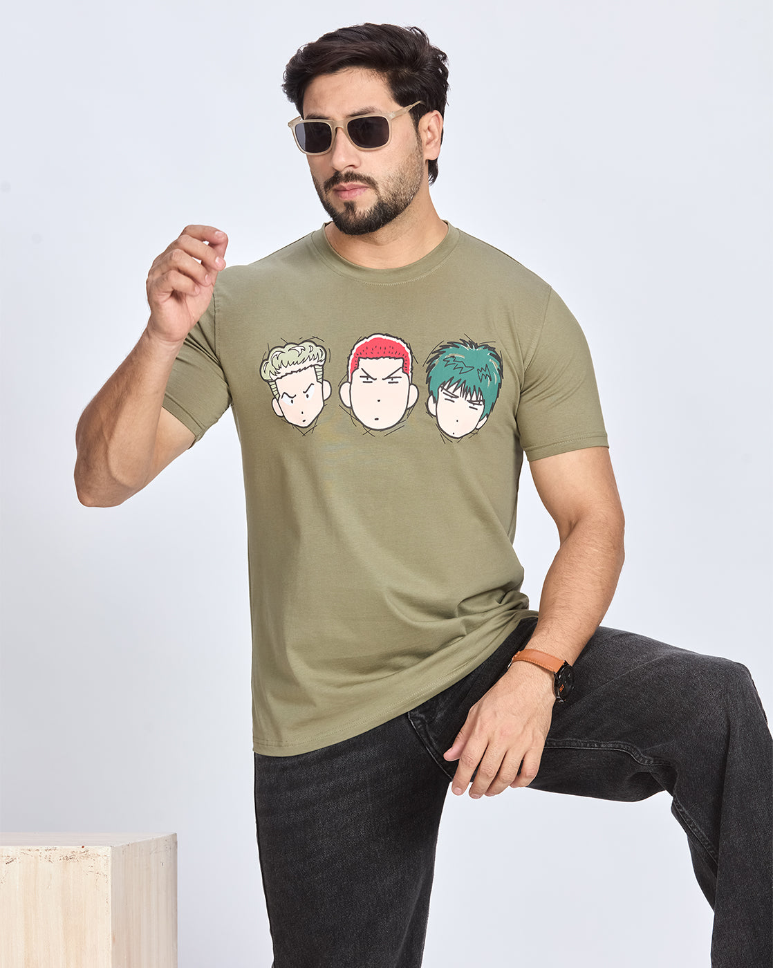 Olive Printed Round Neck Cotton T-Shirt