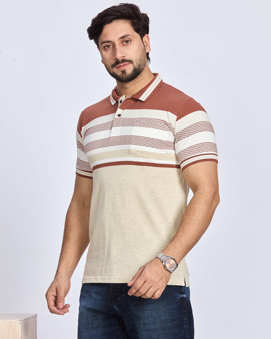 Beige & Rust Striped Polo T-Shirt