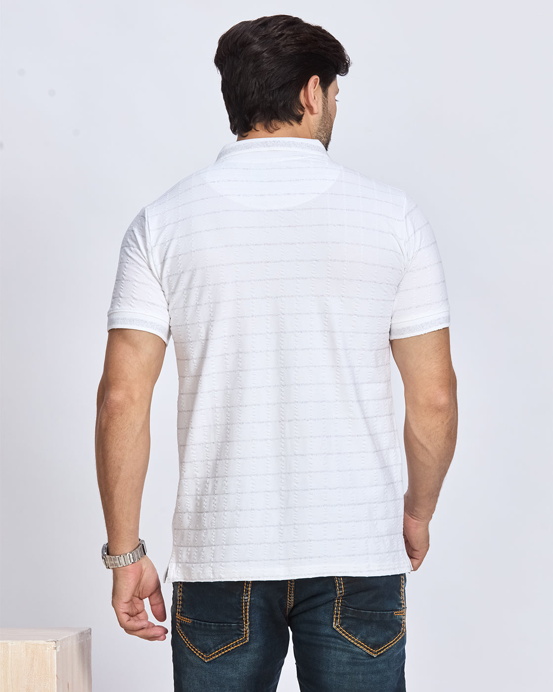 White Textured Striped Polo T-Shirt
