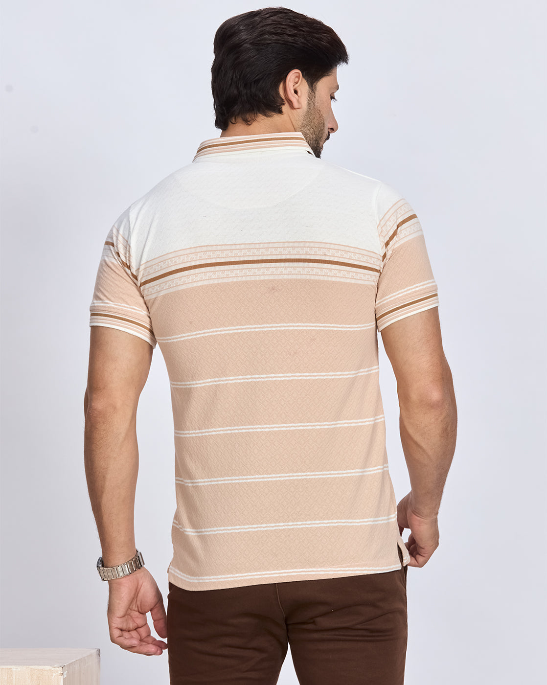 Beige and White Striped Polo Neck T-Shirt