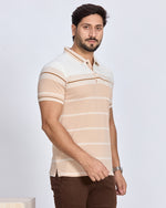 Beige and White Striped Polo Neck T-Shirt