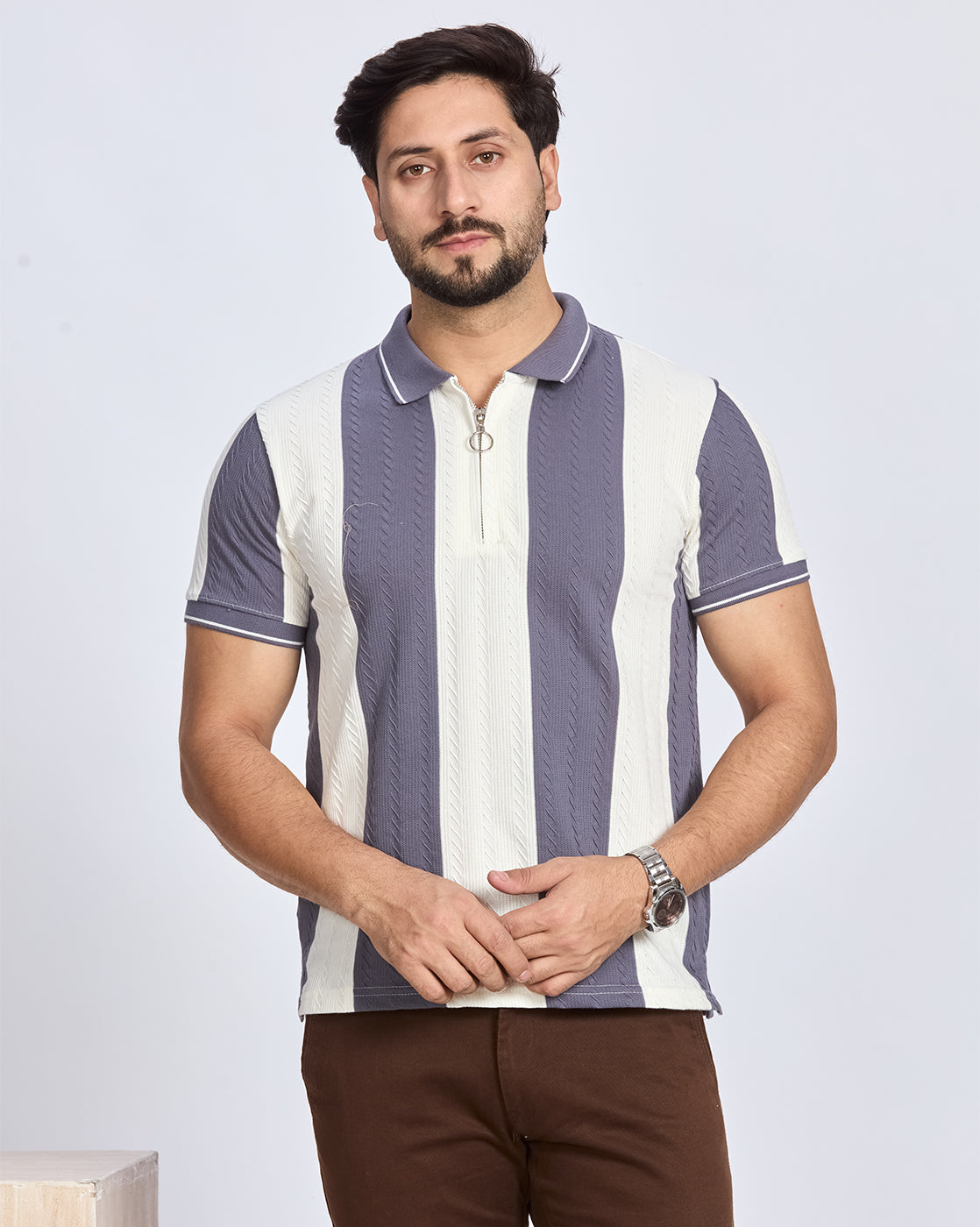 Grey & White Vertical Striped Polo T-Shirt