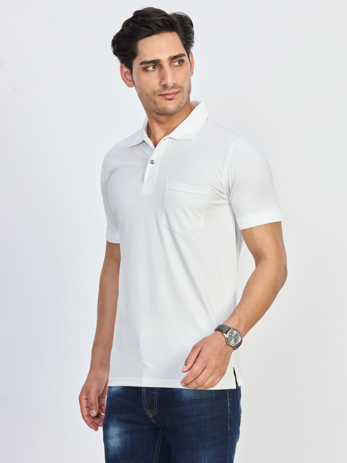 White Textured Cotton Polo T-Shirt