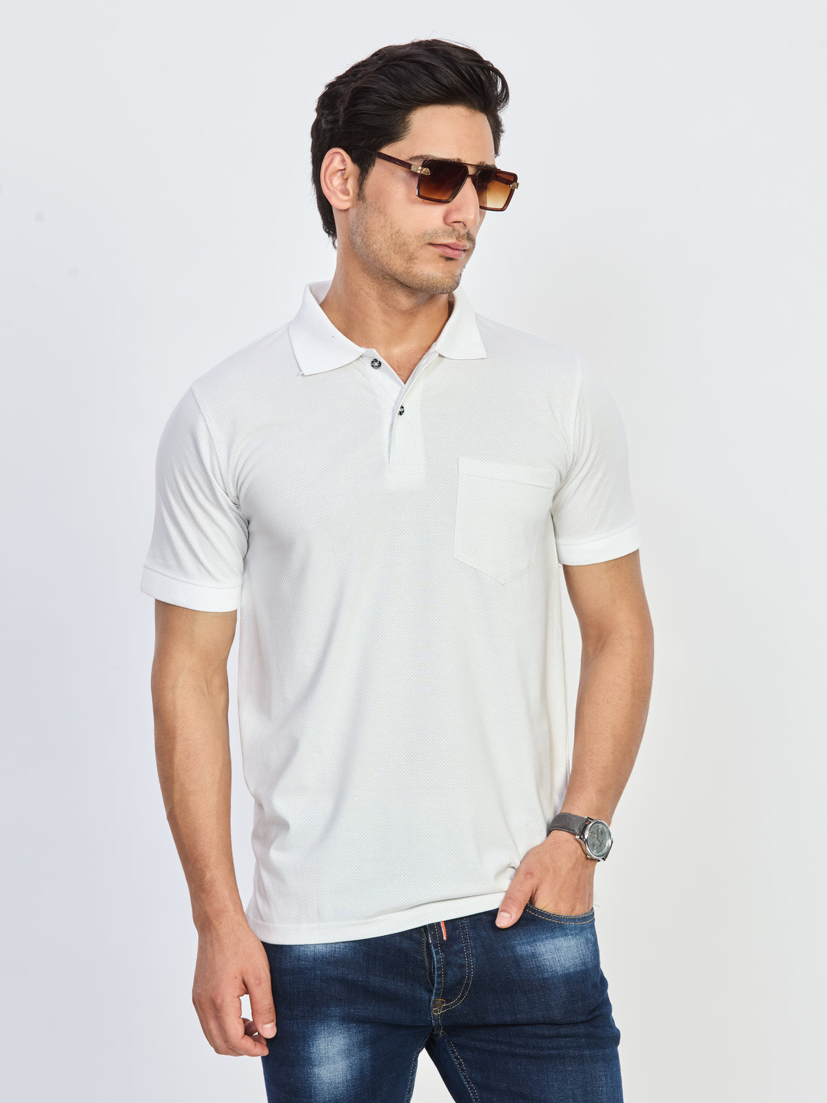 White Textured Cotton Polo T-Shirt