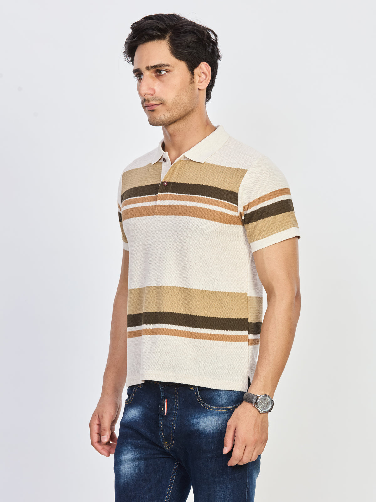Beige & Brown Striped Polo T-Shirt