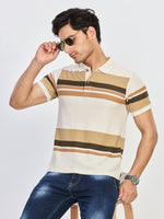 Beige & Brown Striped Polo T-Shirt