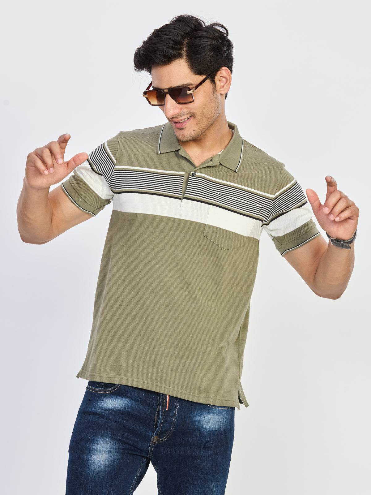 Green Contrast Stripe Polo T-Shirt