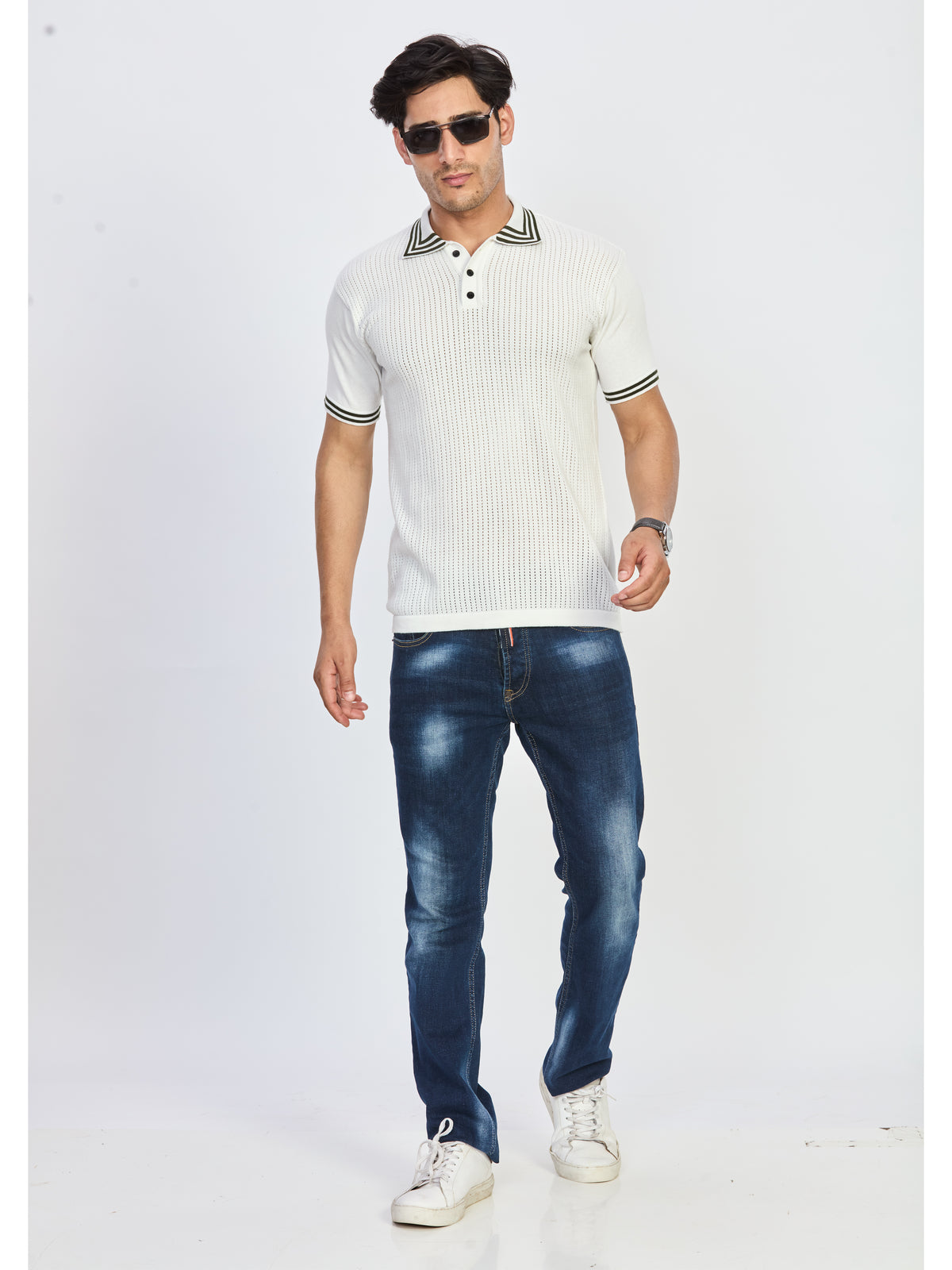 White Textured Knit Polo Neck Half Sleeve T-Shirt