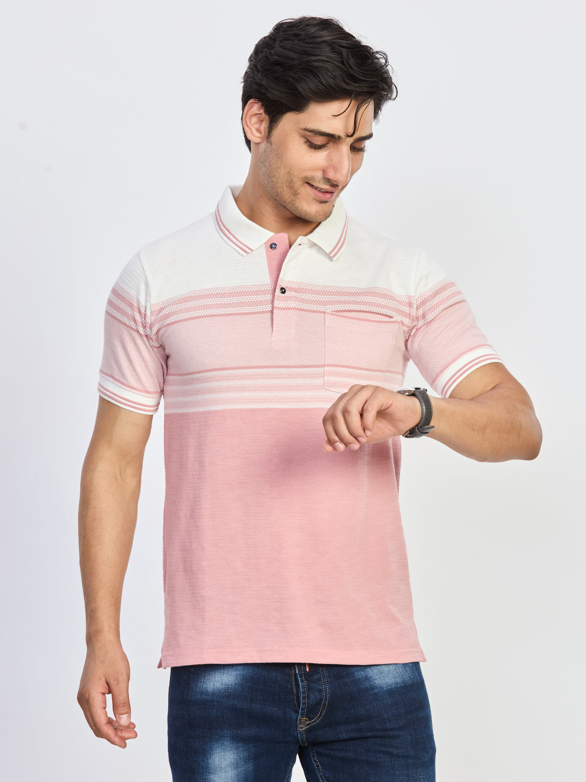 Pink & White Striped Cotton Polo T-Shirt