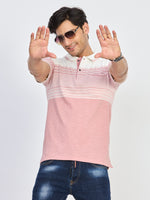 Pink & White Striped Cotton Polo T-Shirt