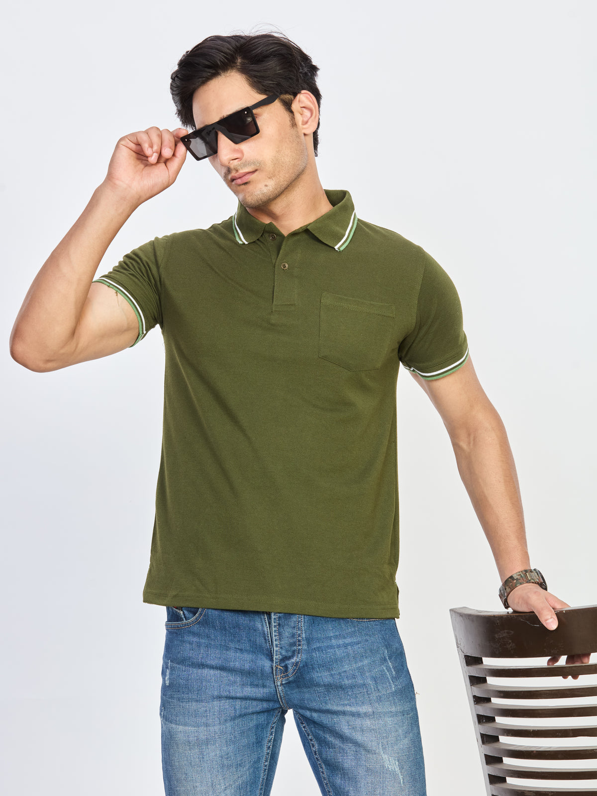 Olive Polo Neck T-shirt With Pocket