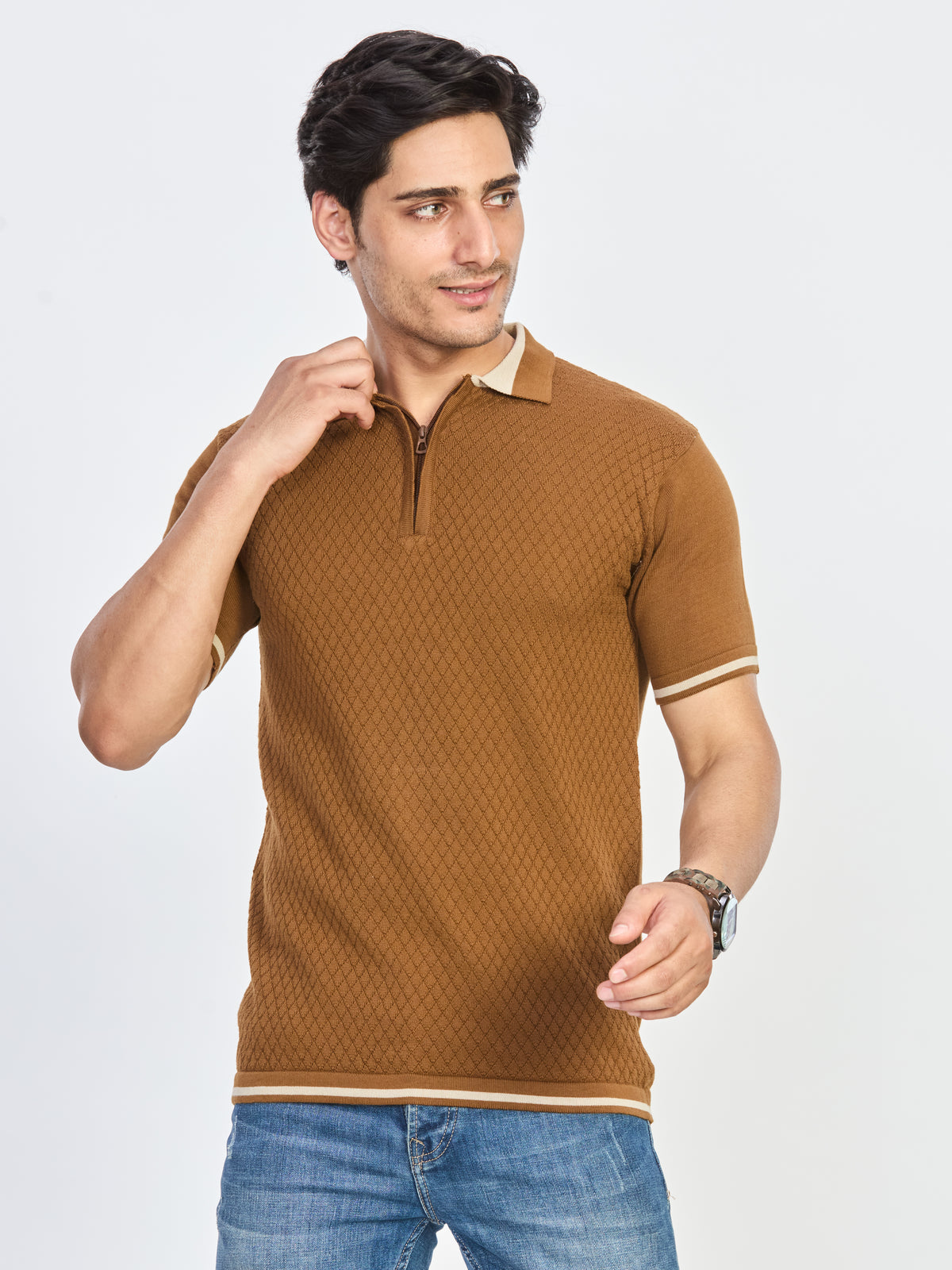 Camel Brown Textured Zip Polo T-Shirt