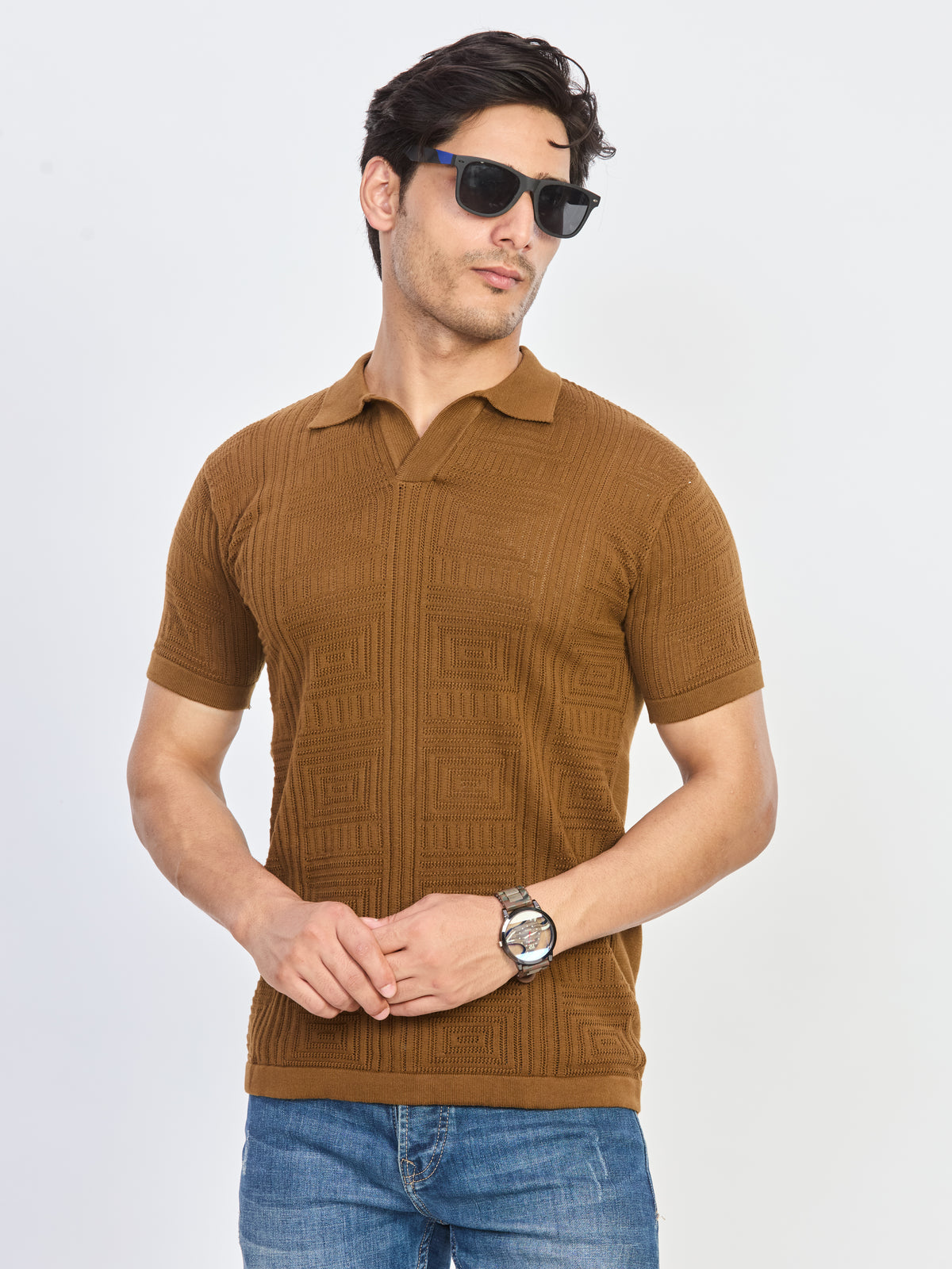 Toffee Brown Jacquard Knit Polo.