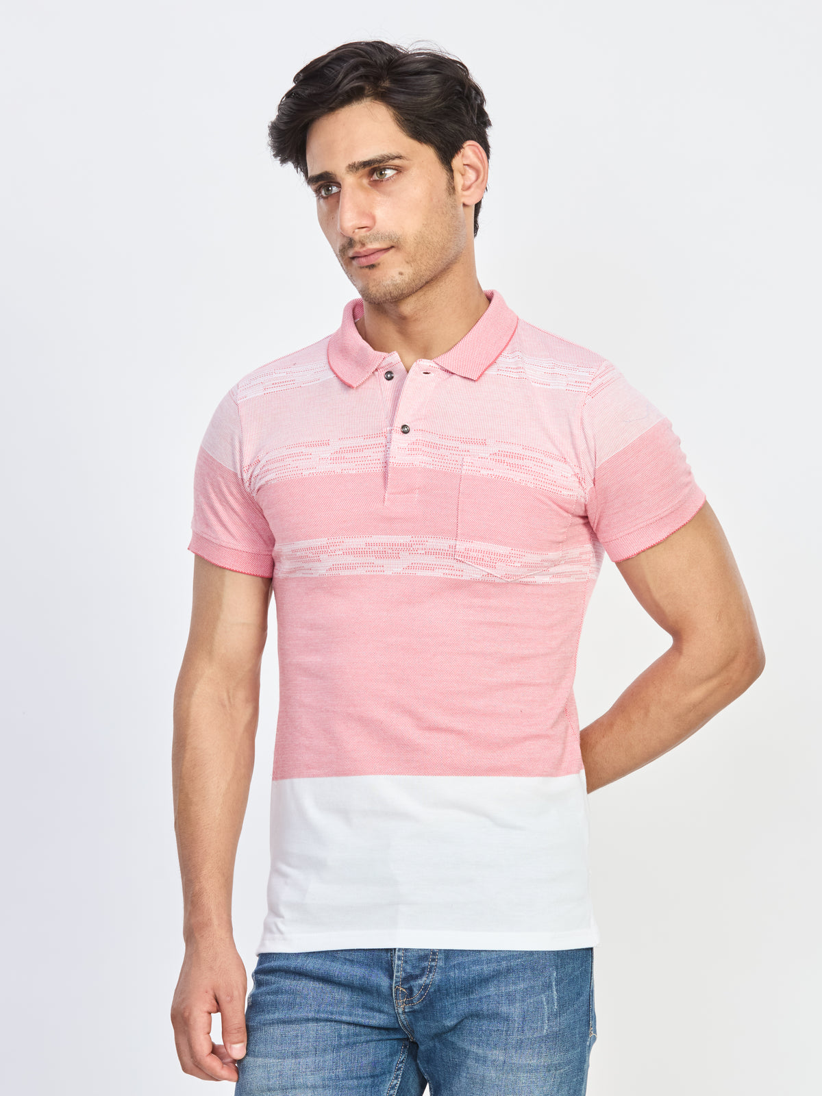 Blush Pink & Off-White Patterned Polo T-Shirt