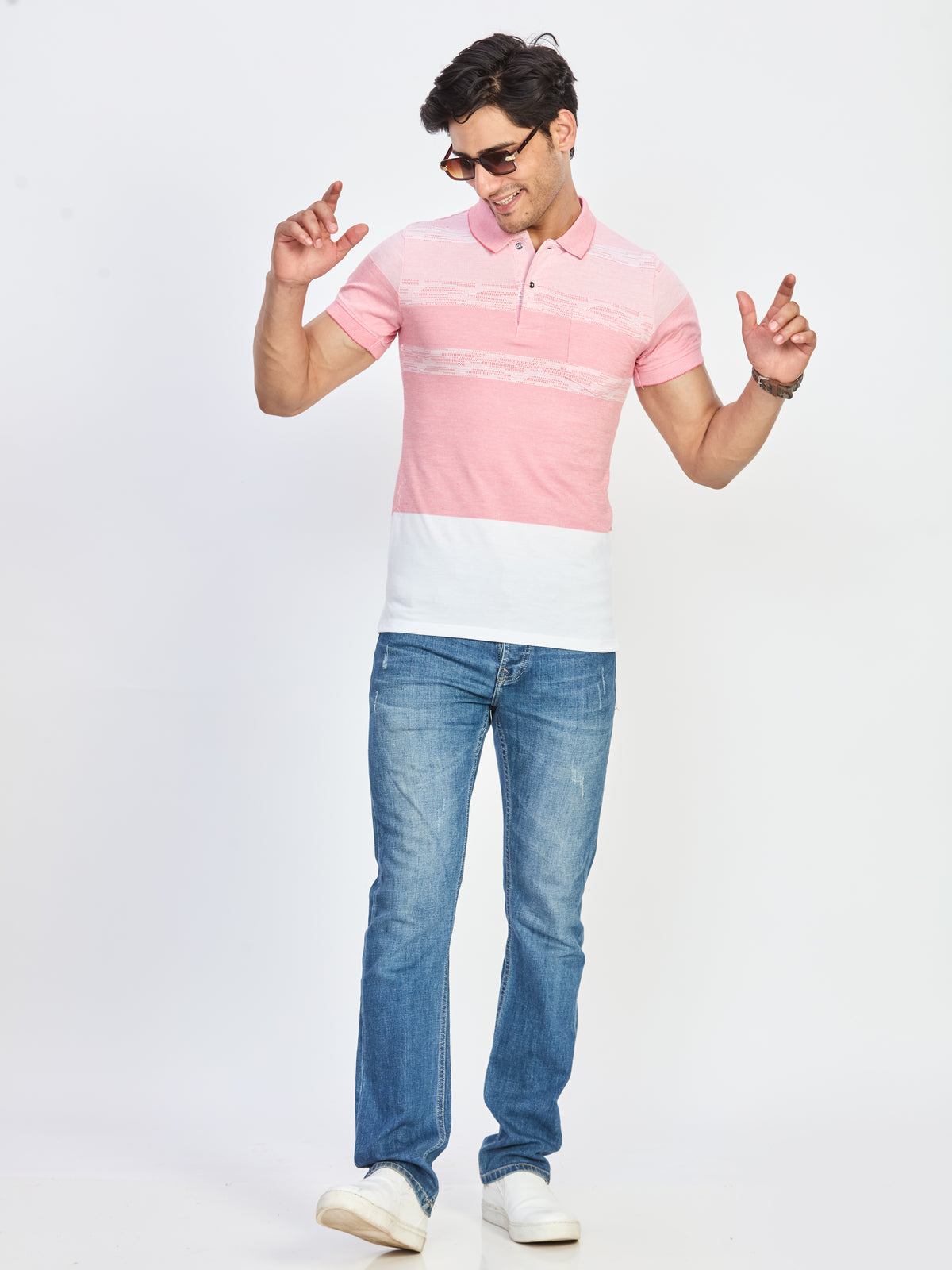 Blush Pink & Off-White Patterned Polo T-Shirt