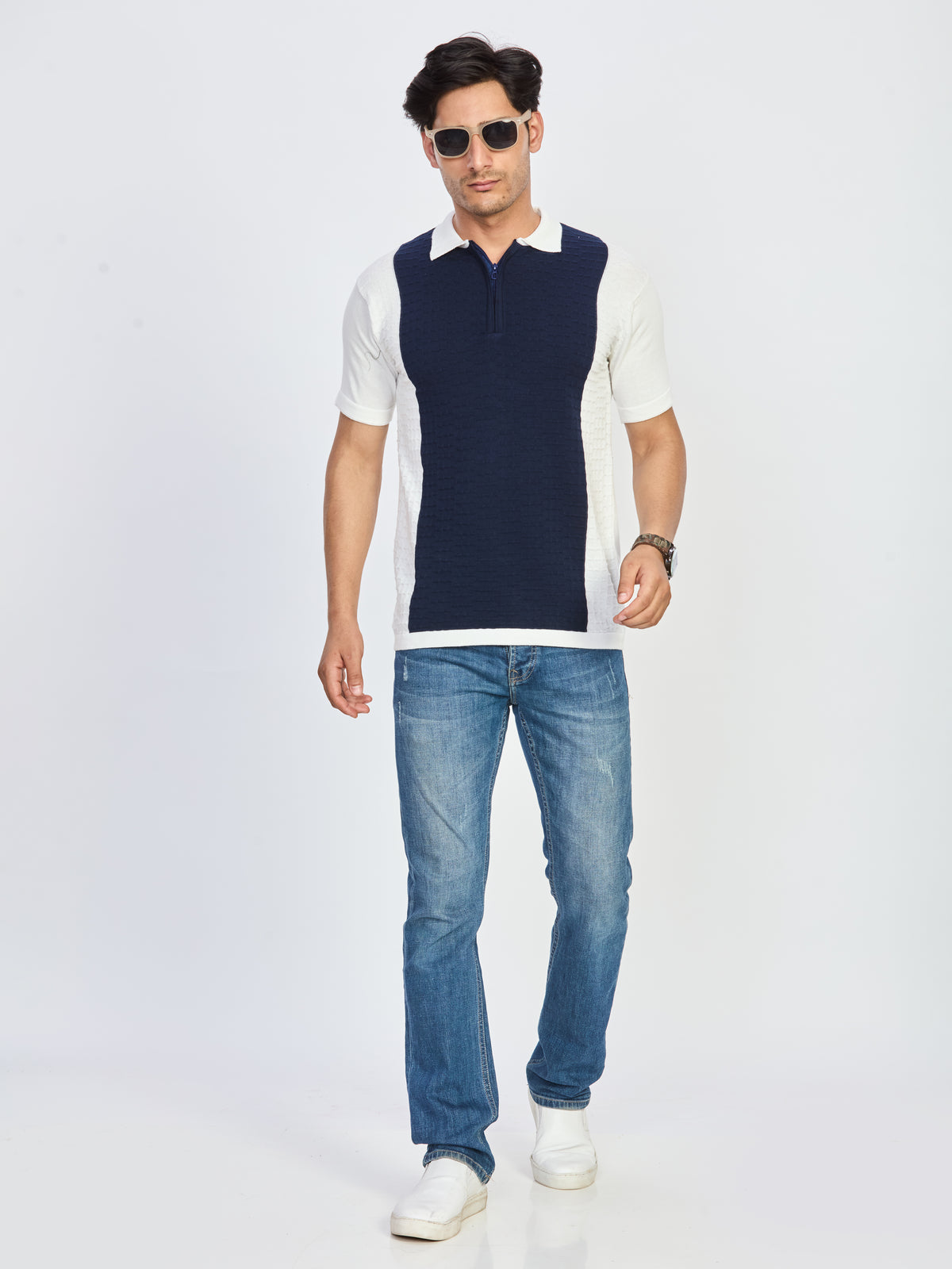 Navy Blue & Off-White Textured Zip Polo T-Shirt
