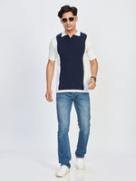Navy Blue & Off-White Textured Zip Polo T-Shirt