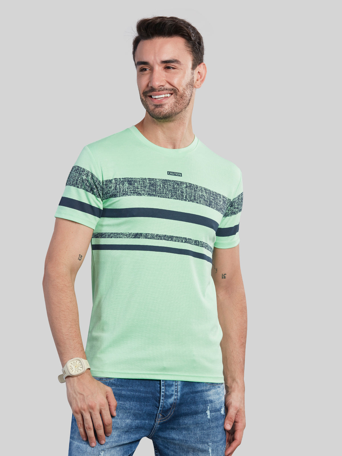 Green Striped Round Neck T-Shirt