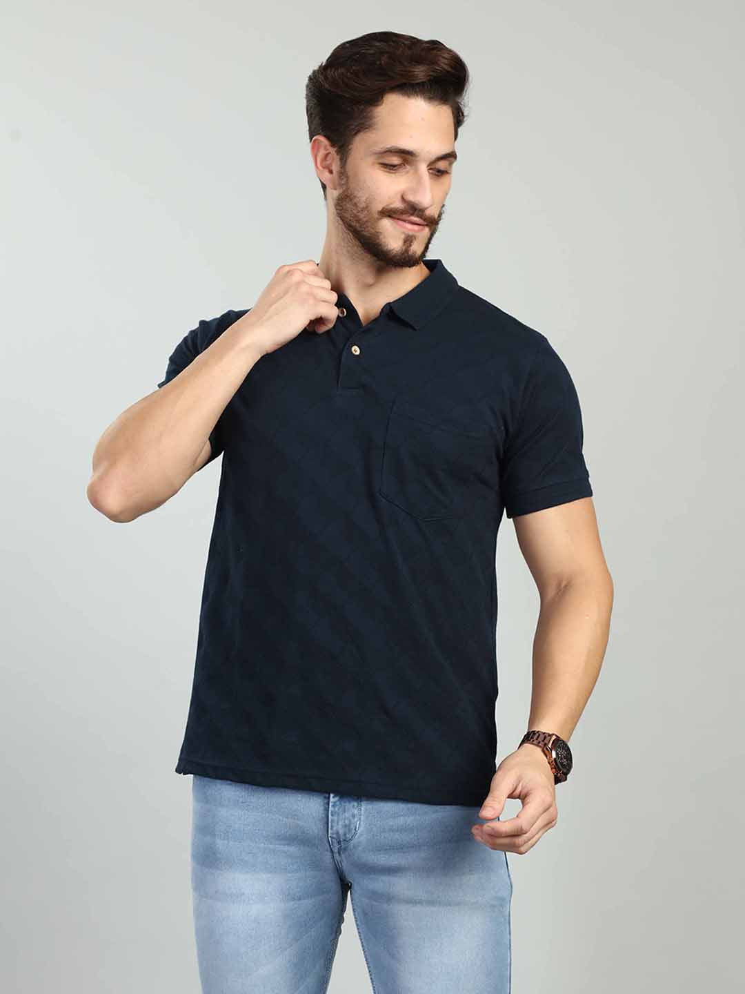 Dark Navy Striped Polo Neck T-Shirt
