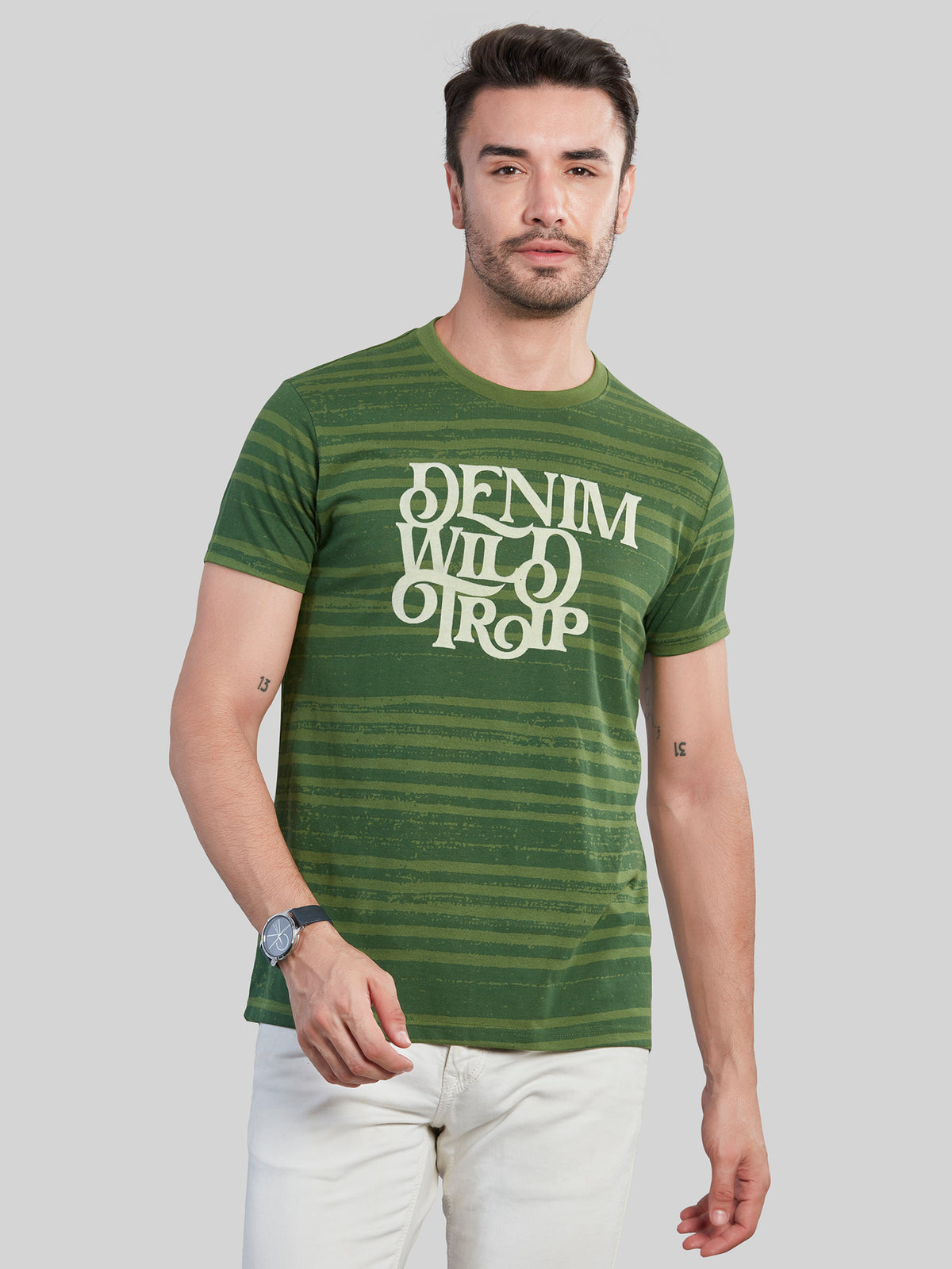 Green Printed Striped Round Neck T-Shirt