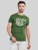 Green Printed Striped Round Neck T-Shirt