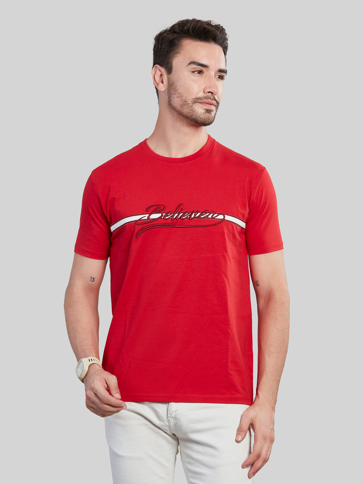 Red with White Printed Round Neck T-Shirt
