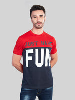 Red with Blue Printed Round Neck T-Shirt