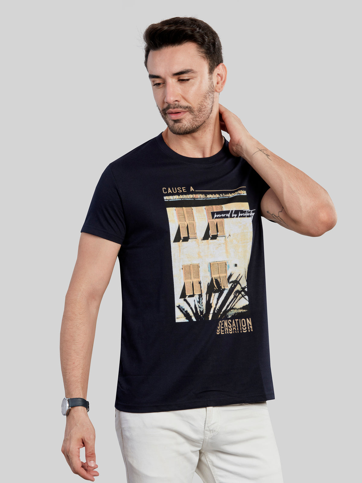 Navy Printed Round Neck T-Shirt