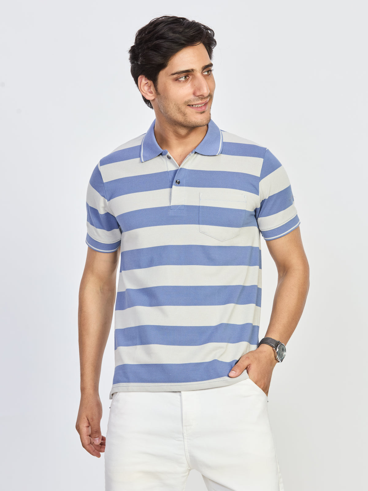 Blue & White Stripe Pocket Polo T-Shirt