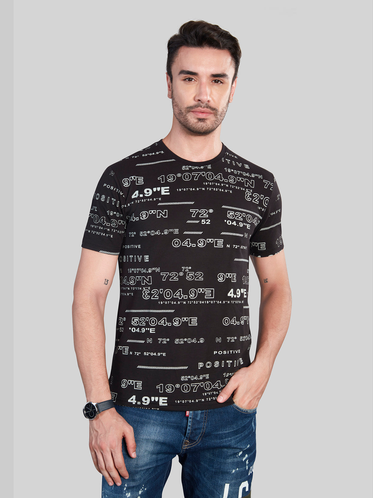 Black Printed Round Neck T-Shirt