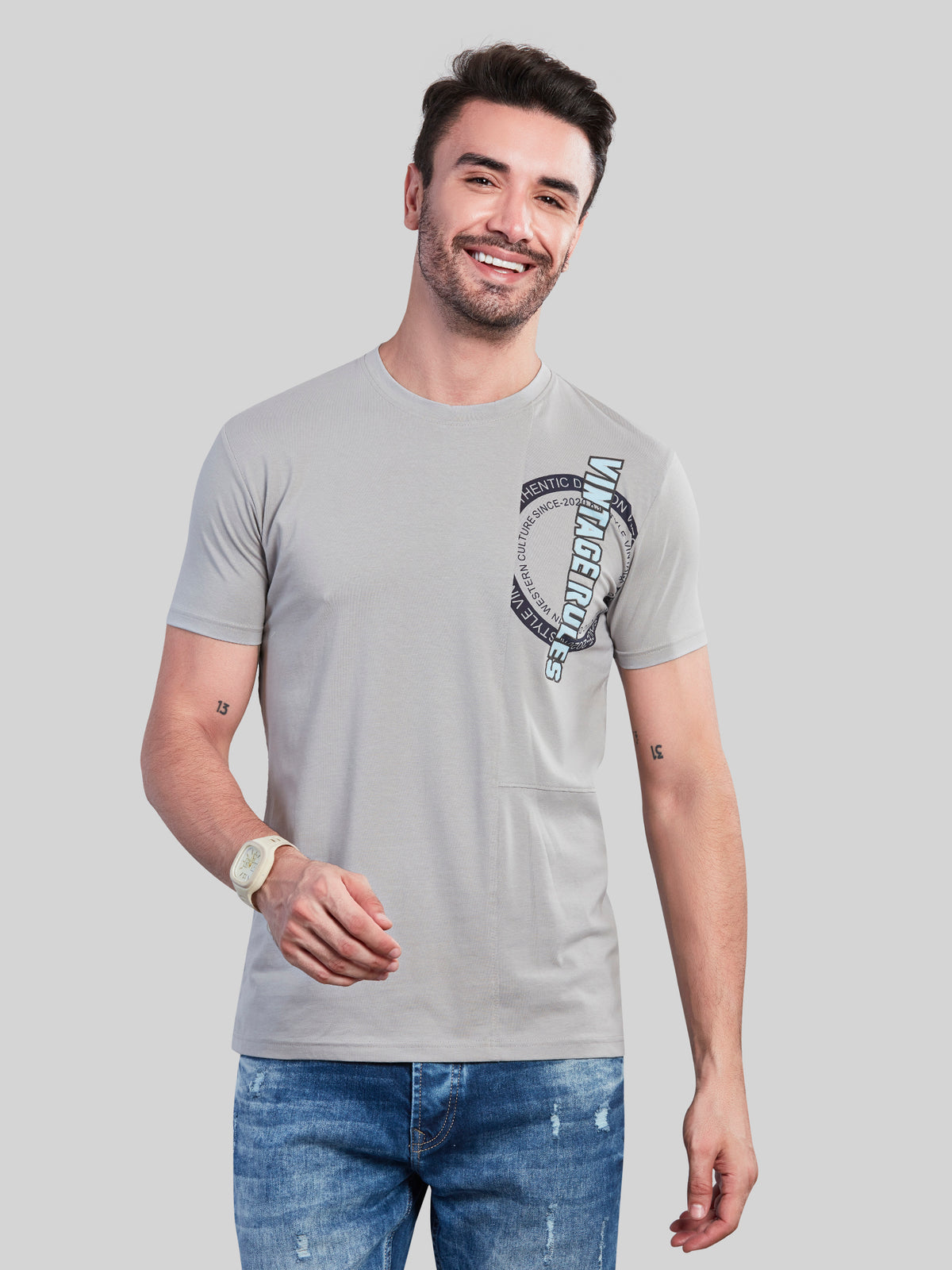 Grey Printed Round Neck T-Shirt