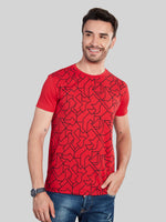 Red with Black Printed Round Neck T-Shirt