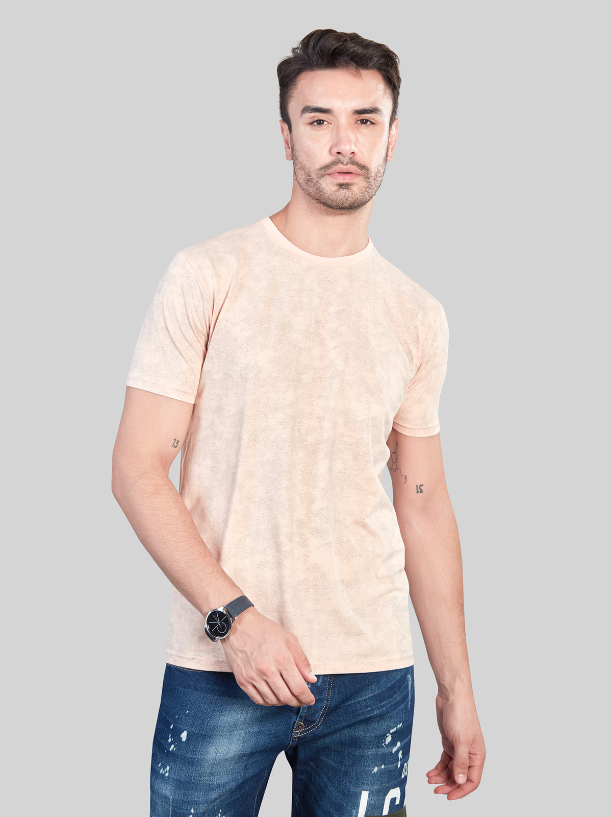 Peach All Over Printed Round Neck T-Shirt
