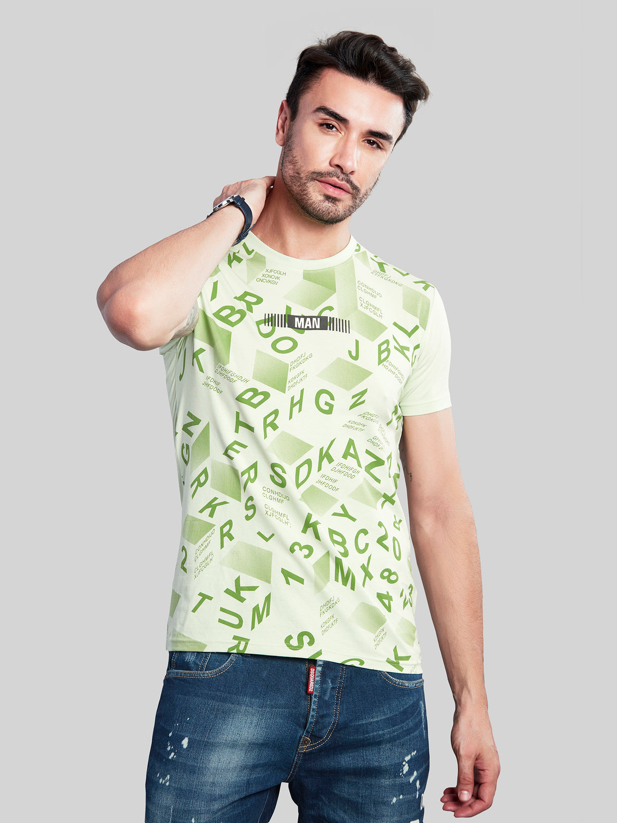 Sea Green Printed Round Neck T-Shirt