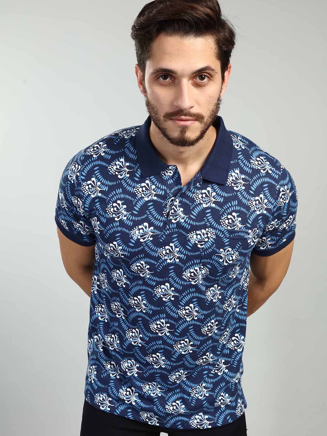 Navy Printed Polo Neck T-Shirt