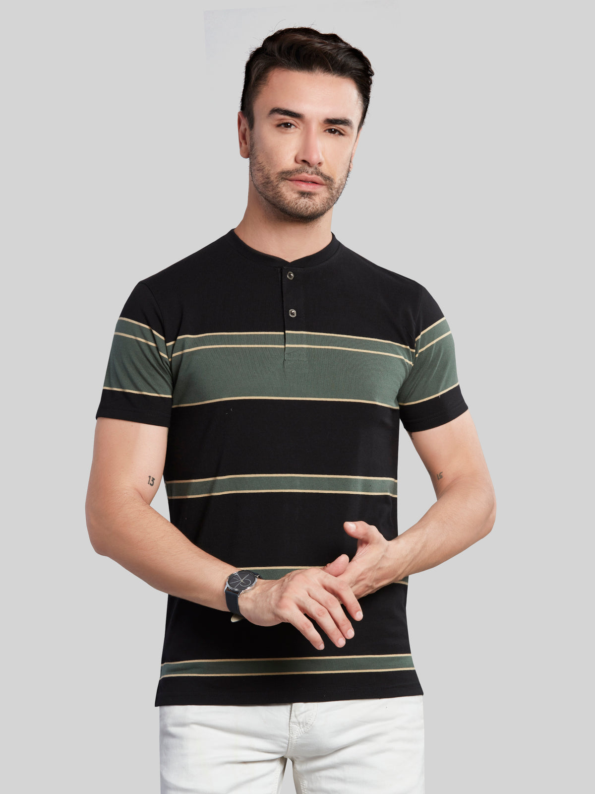 Black with Green Striped Henly Neck T-Shirt