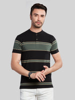 Black with Green Striped Henly Neck T-Shirt