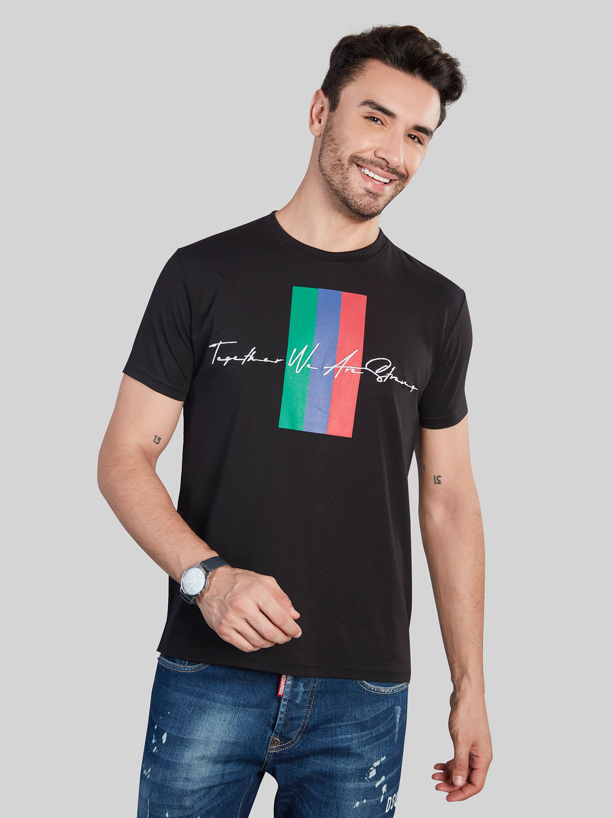 Black Printed Round Neck T-Shirt