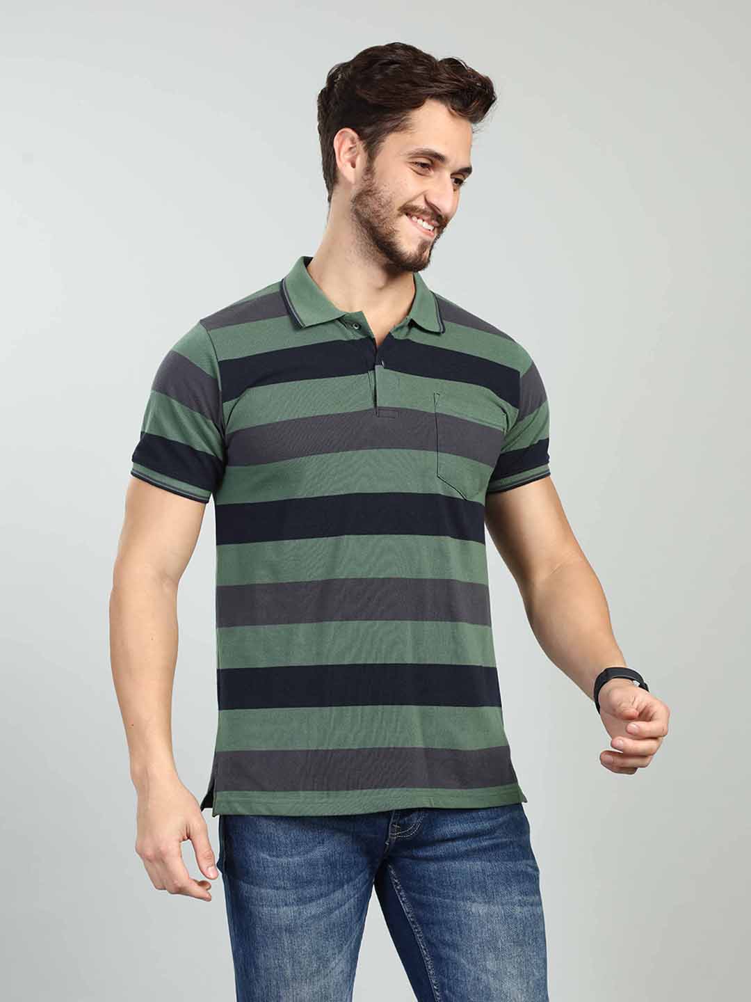 Green Striped Polo Neck T-Shirt