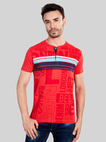 Red Printed Henly Neck T-Shirt