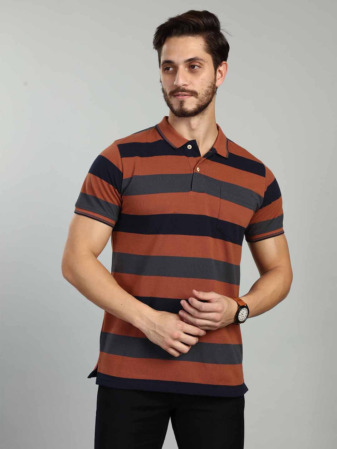Rust Striped Polo Neck T-Shirt