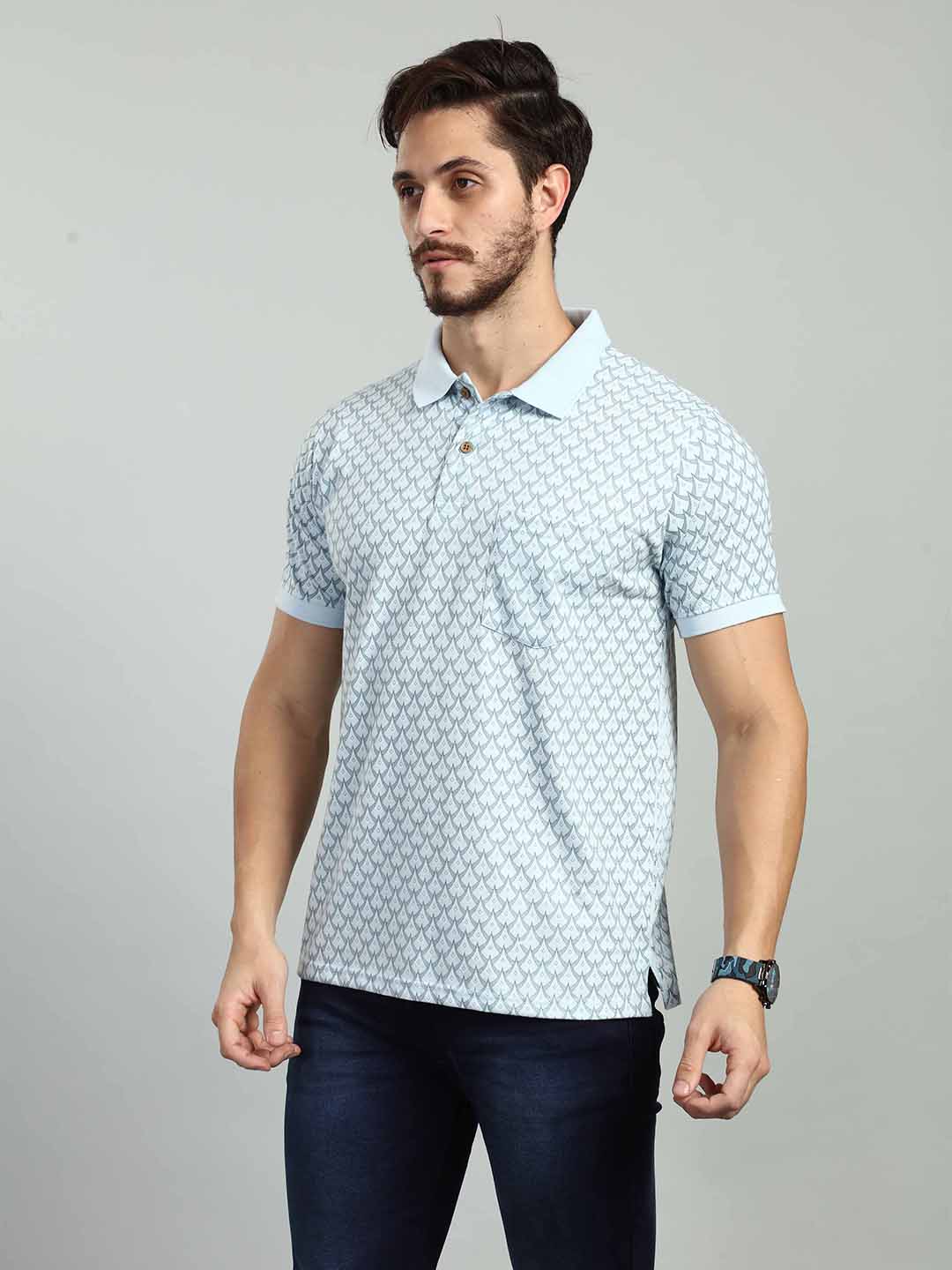Sky Blue Printed Polo Neck T-Shirt