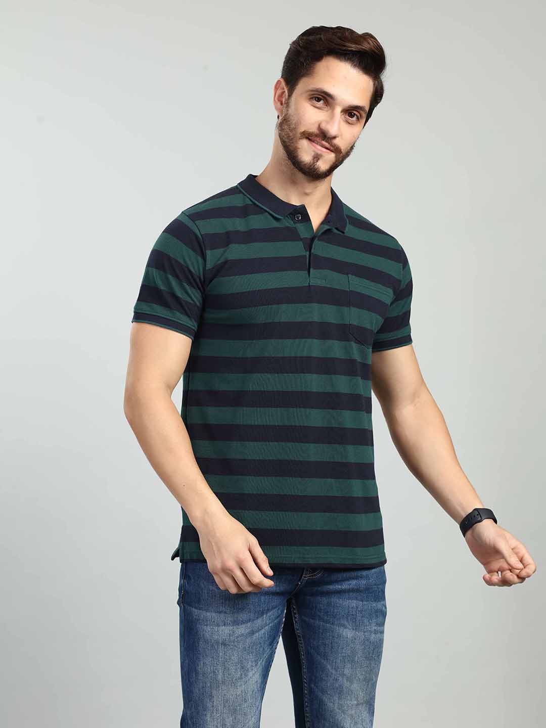 Green Striped Polo Neck T-Shirt