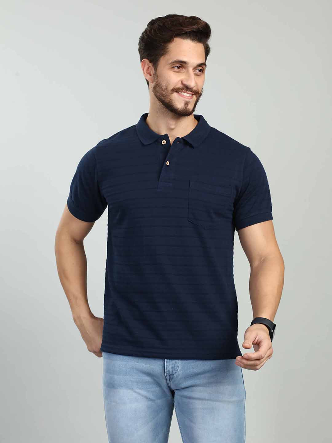 Navy Striped Polo Neck T-Shirt