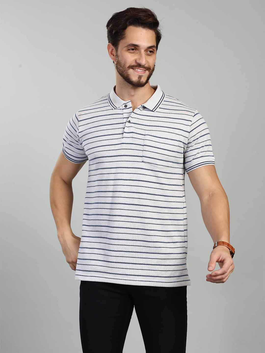 Grey Striped Polo Neck T-Shirt