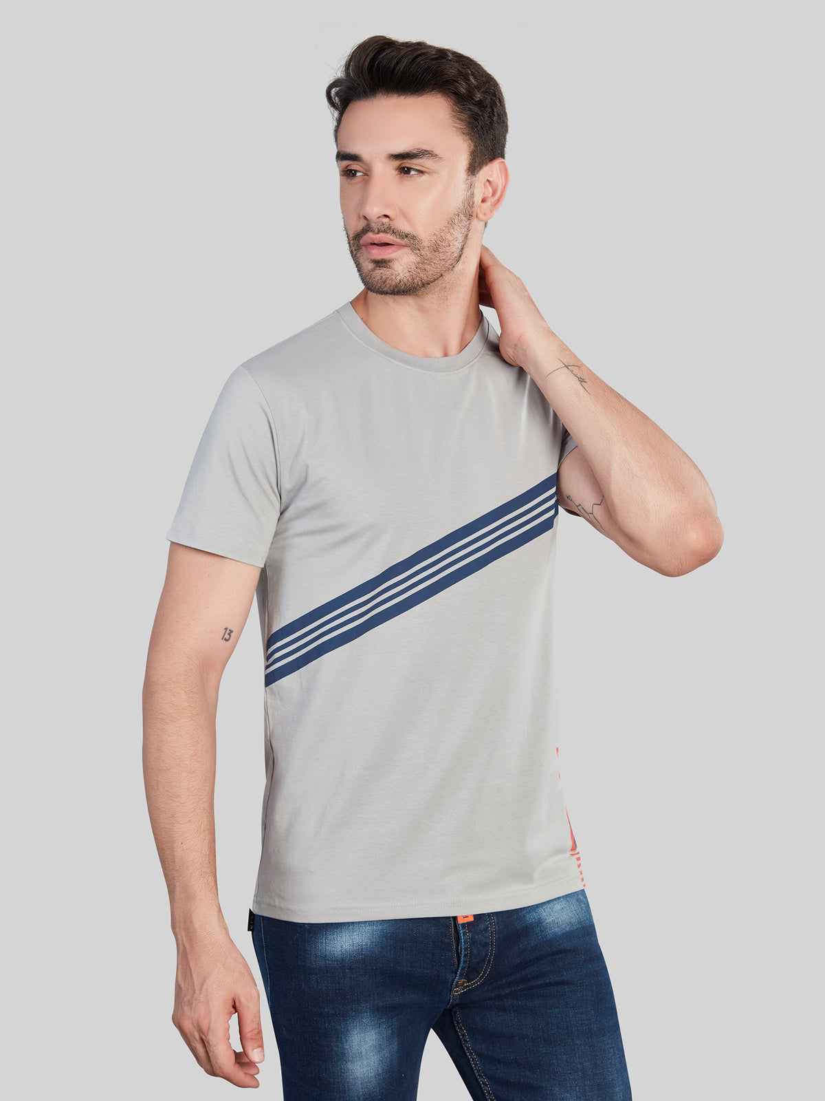 Light Grey Printed Round Neck T-Shirt