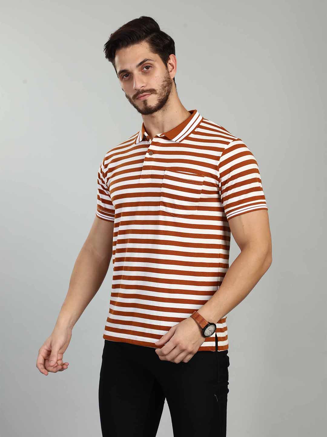 Rust Striped Polo Neck T-Shirt