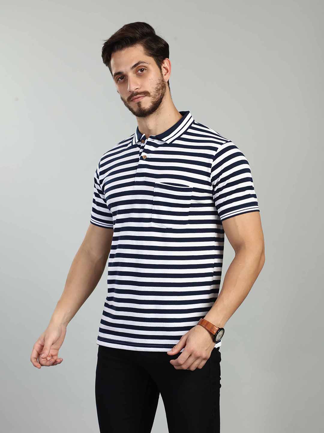Navy Strpied Polo Neck T-Shirt