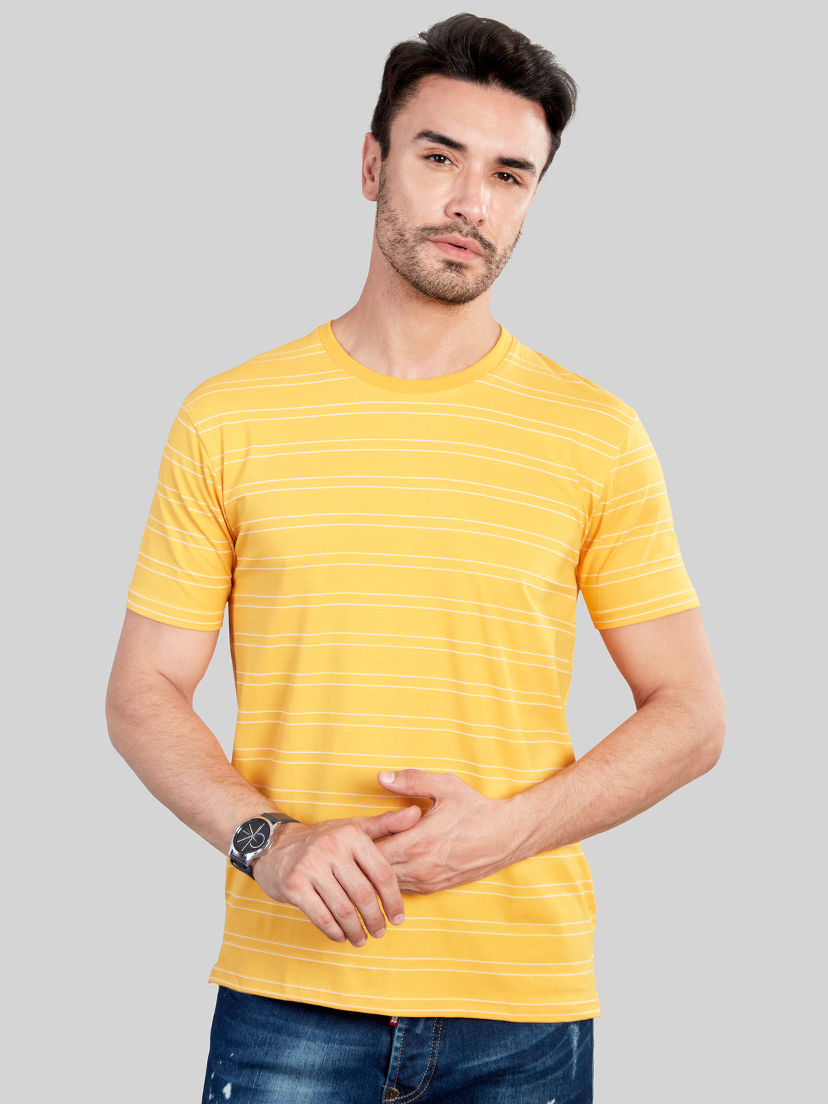 Yellow Striped Round Neck T-Shirt