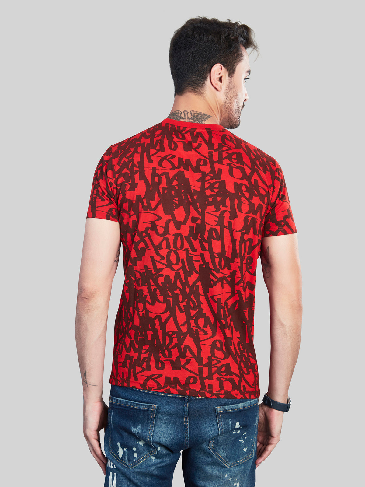 Red with Black Printed Round Neck T-Shirt